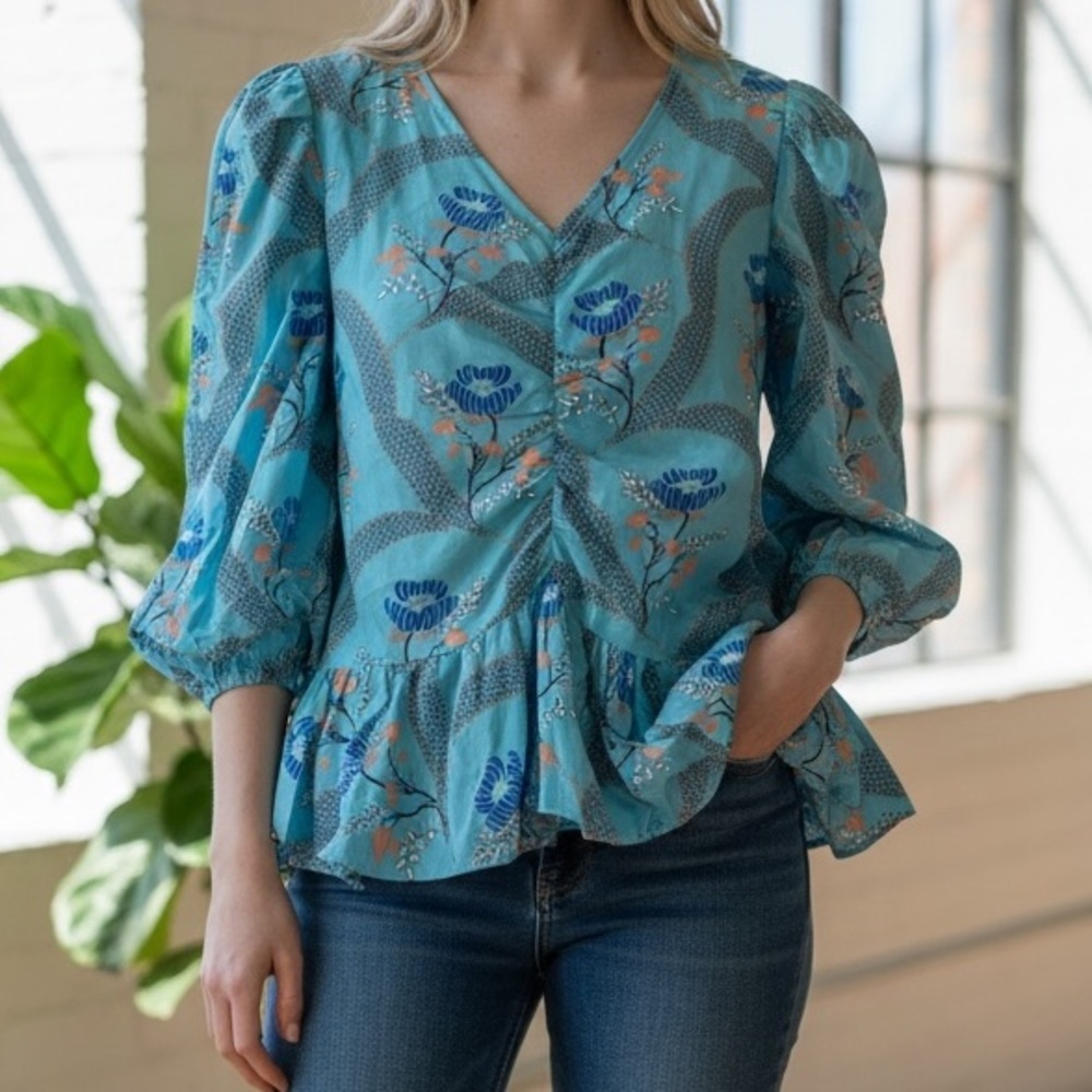 Anna Cate Blue Floral Peplum Blouse with Puff Sleeves